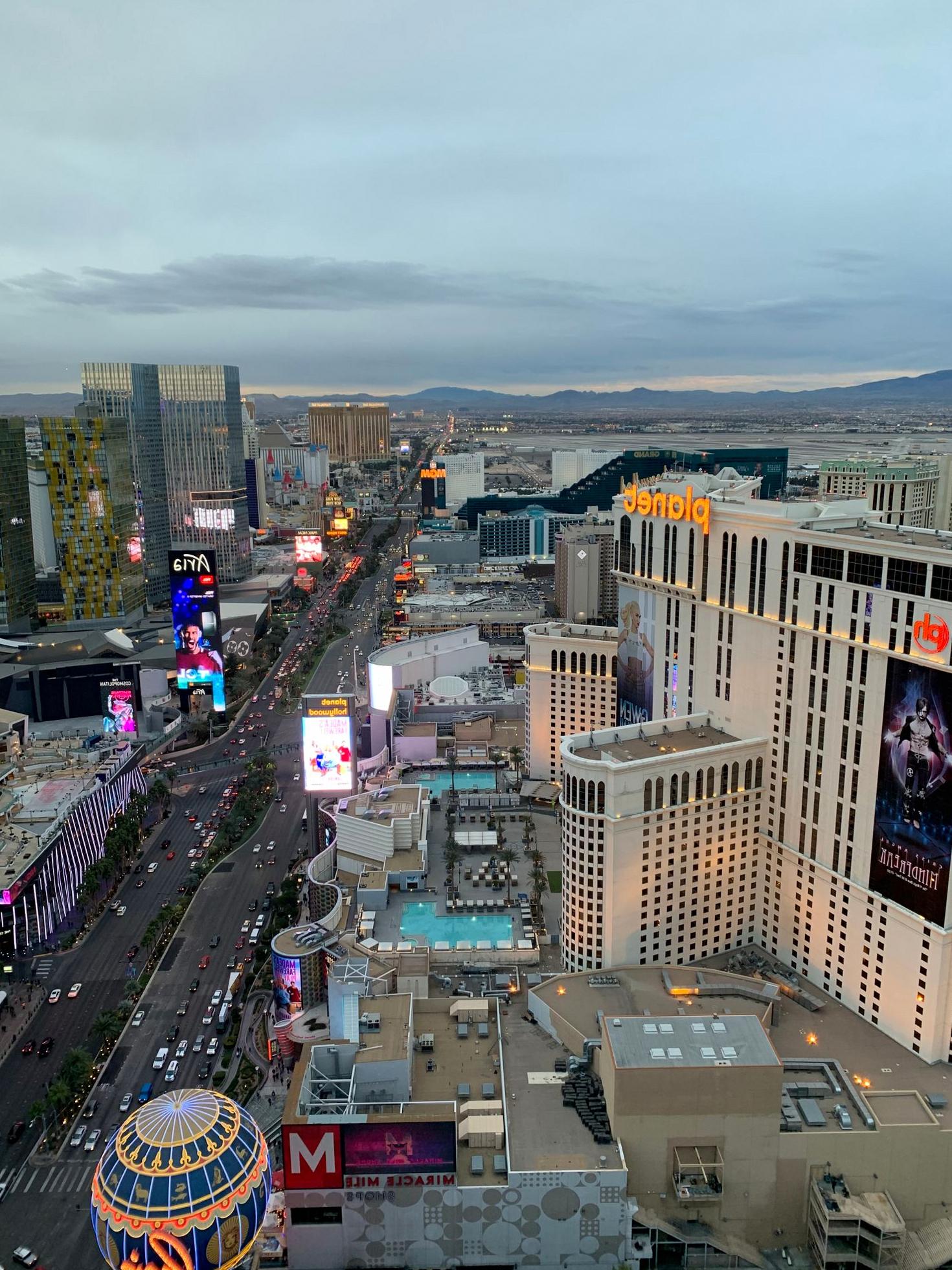 Aerial view of Las Vegas Strip at dusk
